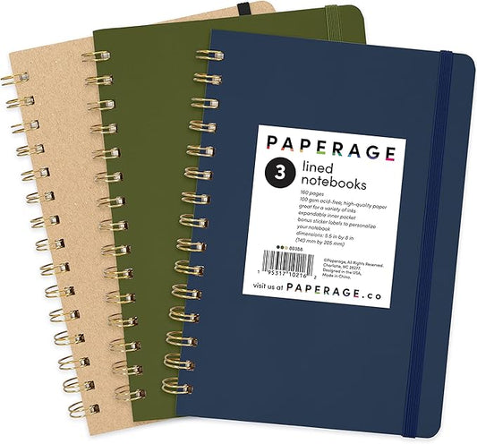 PAPERAGE Lined Spiral Journal Notebook, (Navy, Olive Green, Kraft), 3 Pack, 160 Pages, Medium 5.5 inches x 8 inches - 100 GSM Thick Paper, Hardcover, Double-Wire Spiral Journal & Notebook