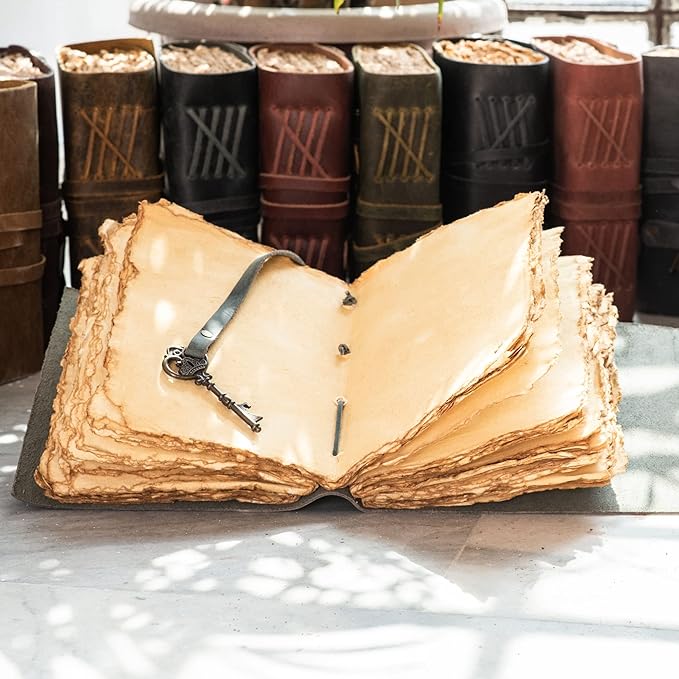 LEATHER VILLAGE Vintage Leather Journal – 200 Handmade Vintage Deckle Edge Paper – Leather bound Journal For Women Men – Vintage Key Closure - Book of Shadows - Blue - 10X7 inches