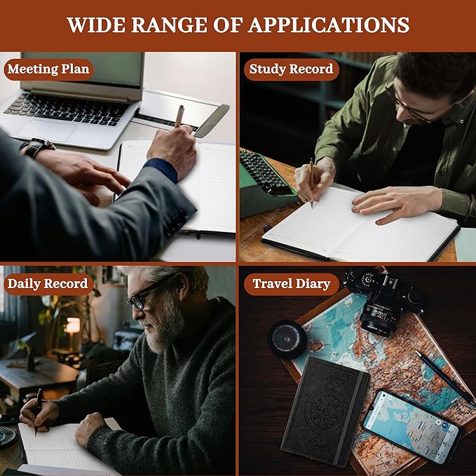 CAGIE Leather Journal for Men Hardcover Journals for Writing with Pen, 290 Pages Lined Mens Journal for Work Black Vintage Journal Notebook, 6.1" x 8.5"