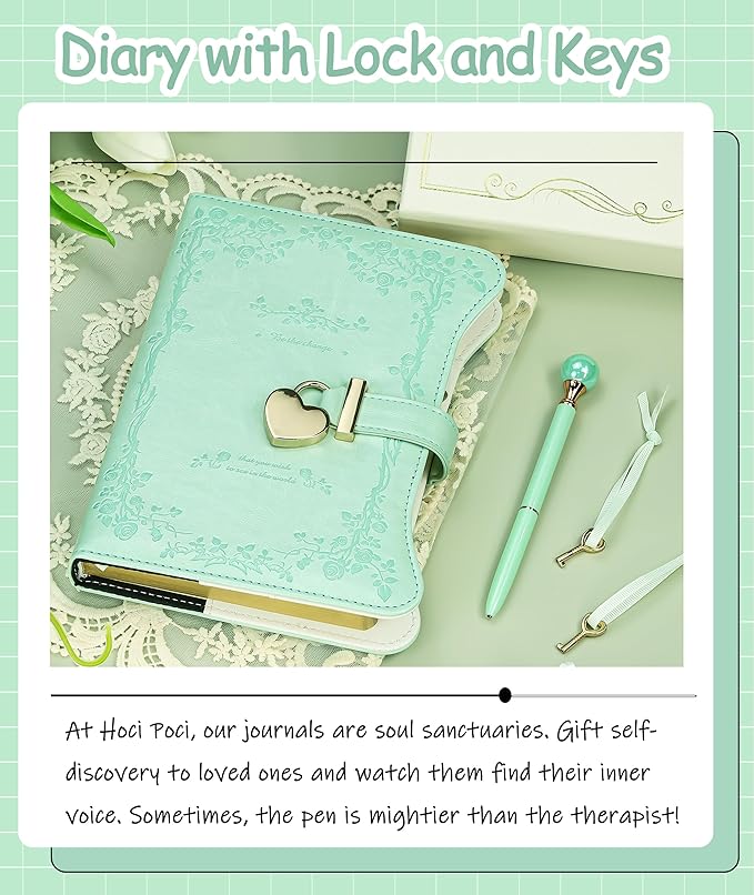 Diary with Lock and Keys for Girls Gift Ideas, 360 Gold Edged Pages Journal for Women, B6 Refillable Notebook for Writing with Pen and Bookmark (Garden Aqua)