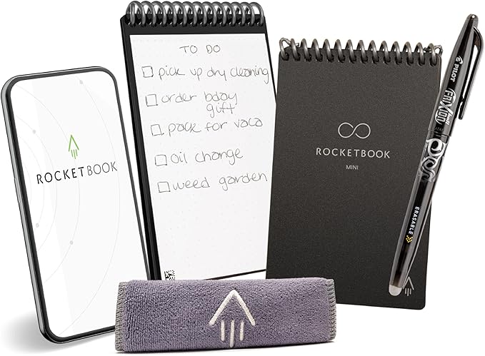 Rocketbook New Mini Reusable Smart Notepad, Pocket Size Notebook 3.5x5.5, Black - Dotted Pages, App-Connected, Erasable, Ideal for On-The-Go List Taking & Quick Notes Anywhere