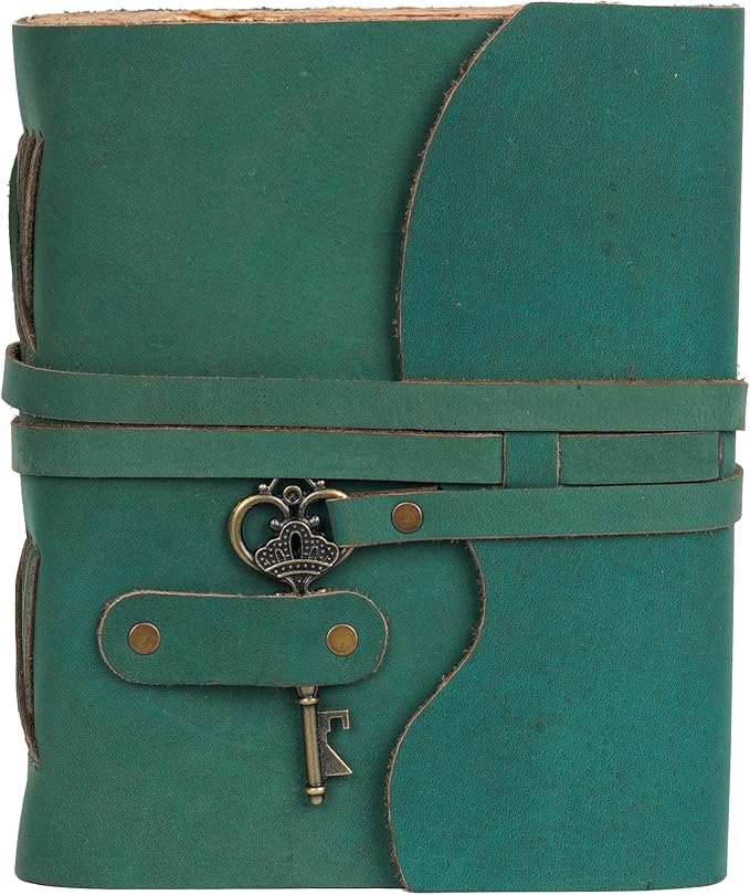 LEATHER VILLAGE Vintage Leather Journal – 200 Handmade Vintage Deckle Edge Paper – Leather bound Journal For Women Men – Vintage Key Closure - Book of Shadows - Turquoise - 13X8 inches