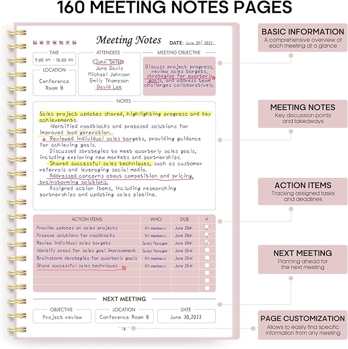 Meeting Notebook For Work Organization - Work Planner Notebook With Action Items, Agenda Planner For Note Taking, 160Pages (6.9" X 9.9") Project Planner For Men & Women - Pink