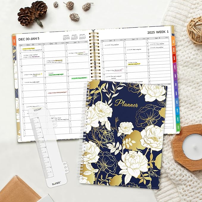 SUNEE 2025 Appointment Book, Quarter-Hourly, Weekly & Monthly - from January 2025 - December 2025, 8.5"x11" Flexible Cover, Notes, Pockets, Bookmark, Spiral Binding, Vintage Floral