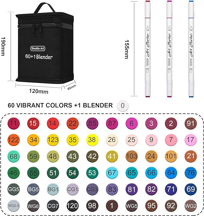 Shuttle Art 61 Colors Dual Tip Art Markers, 60 Colors plus 1 Blender Alcohol Based Permanent Marker Pens Highlighters with Case Perfect for Illustration Adult Coloring Sketching and Card Making