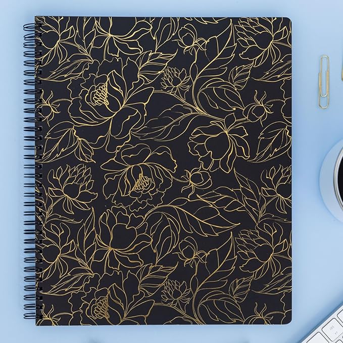 Steel Mill & Co Cute Large Spiral Notebook College Ruled, 11" x 9.5" with Durable Hardcover and 160 Lined Pages (Gold Floral)