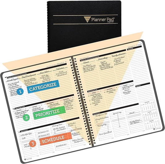 Planner Pad Spiral Bound 3-Tier Funnel Down 12 Month Organizer, Calendar Year (January-December 2024), Black Cover/Black Ink, 8 1/2" x 11"