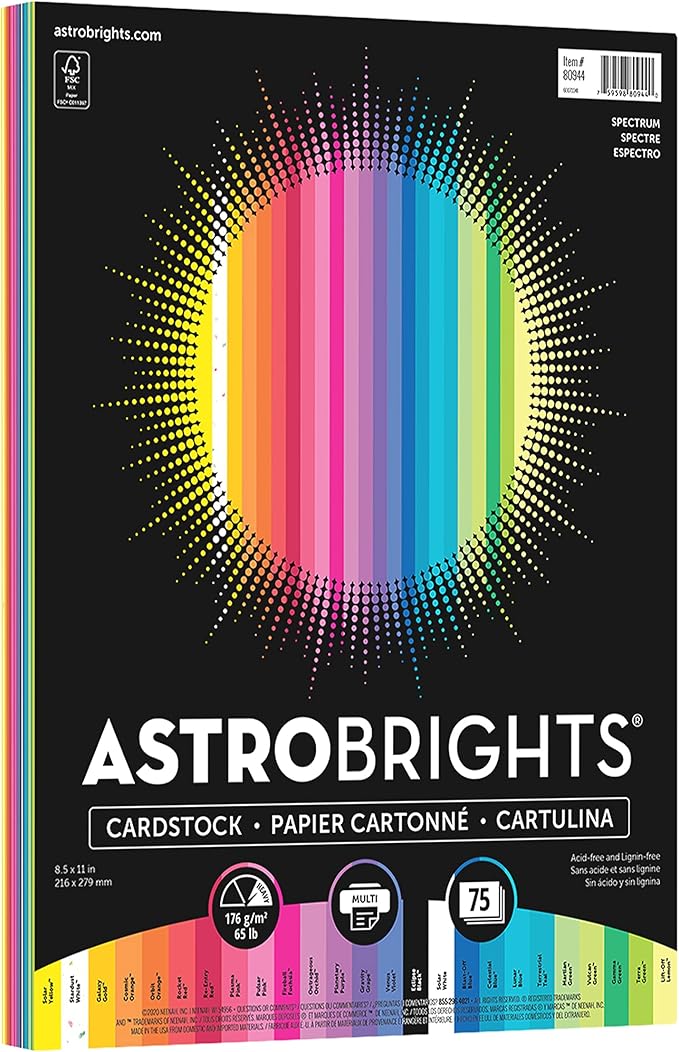 Astrobrights Colored Cardstock, 8.5” x 11”, 65 lb / 176 gsm, "Spectrum" 25-Color Assortment, 75 Sheets (80944-01)