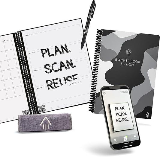 Rocketbook Fusion Reusable Undated Productivity Planner, Executive Size 6x8.8, Camo - Goals, Monthly and Weekly Calendar, Daily To-do List, Lined and Dotted Notes Pages