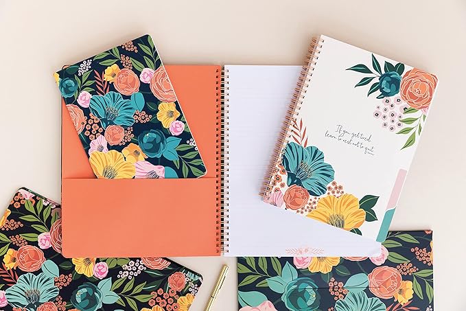 Steel Mill & Co Cute Large Spiral Notebook College Ruled, 11" x 9.5" with Durable Hardcover and 160 Lined Pages, Garden Blooms (Navy)