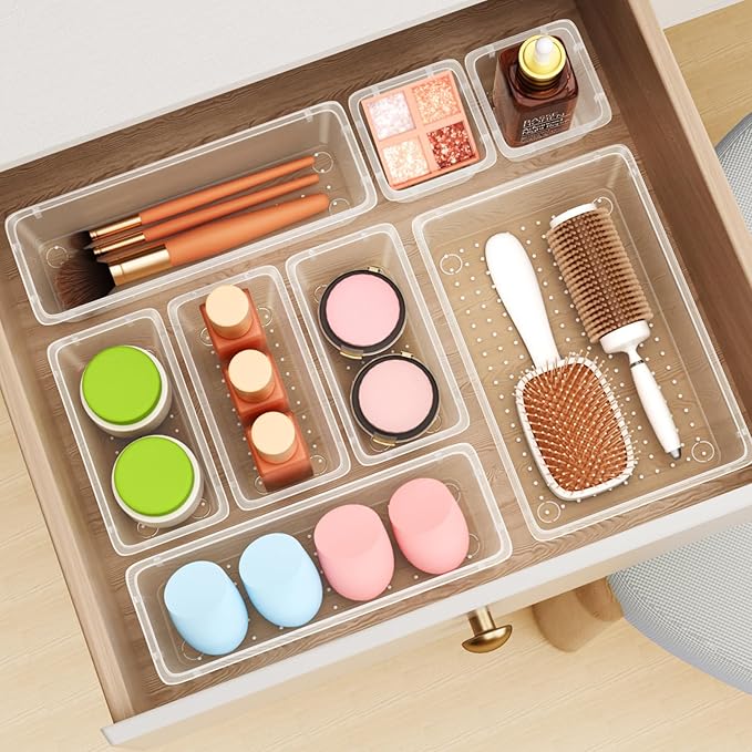 60 PCS Drawer Organizer Set, 4 Sizes Clear Plastic Makeup Vanity Organizer, Multi-Purpose Storage Bins for Makeup, Stationery, Gadgets, Kitchen, Bathroom, Office, Bedroom