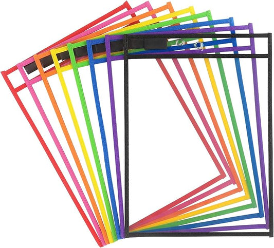 Tamaki 8 Pack Dry Erase Pockets with Rings, 10 x 14 Inch Ticket Holders Clear Plastic Sleeves Sheet Protectors for Teacher Classroom, 8 Assorted Colors