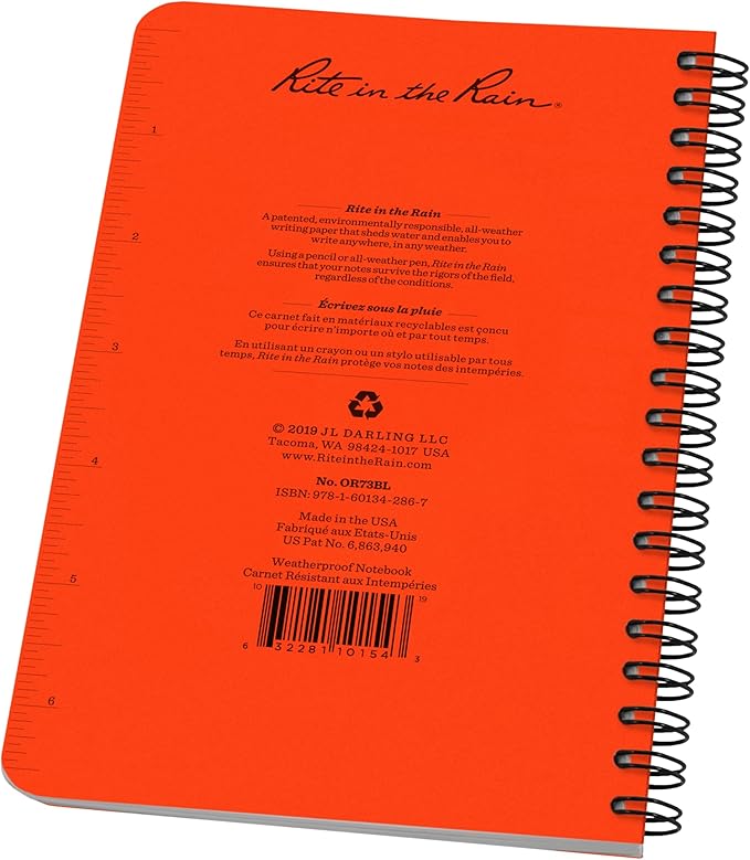 Rite in the Rain Weatherproof Side Spiral Notebook, 4.625" x 7", Orange Cover, Universal Pattern (No. OR73)