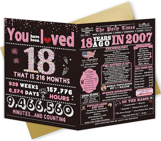 Happy 18th Birthday Card Gifts for Girls, Daughter, Niece, Granddaughter, 18th Birthday Decorations for Girls, Large Birthday Card for 18 Year Old, Funny Back in 2007 Birthday Card, Rose Pink Gold
