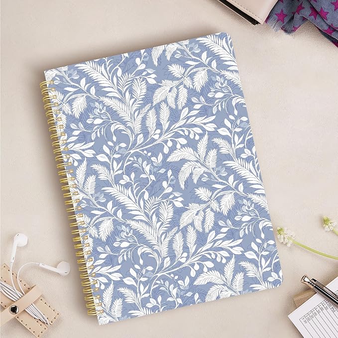 Cute Spiral Notebook journal A4 Aesthetic Pretty Design for Women Girls Kawaii with Pocket, 8.5 x 11 inch, Lined, Blue Leaves