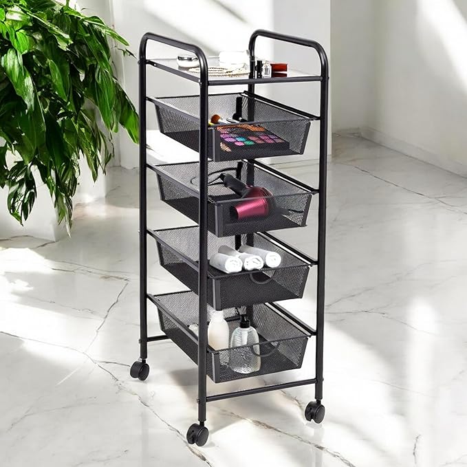 3-Drawer Storage Cart with Wheels, Multi-Purpose, Black, Steel