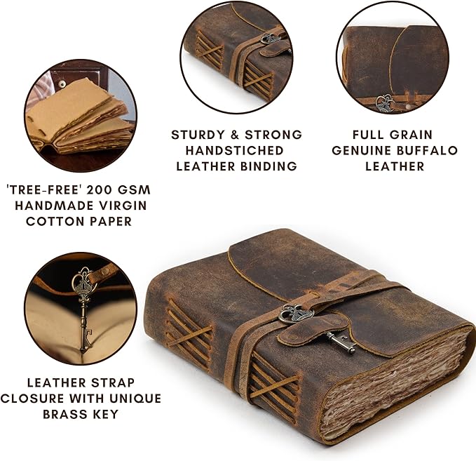 LEATHER VILLAGE Vintage Leather Journal – 200 Handmade Vintage Deckle Edge Paper – Leather bound Journal For Women Men – Vintage Key Closure - Book of Shadows - Cappuccuno Brown - 6X4 inches (A6)