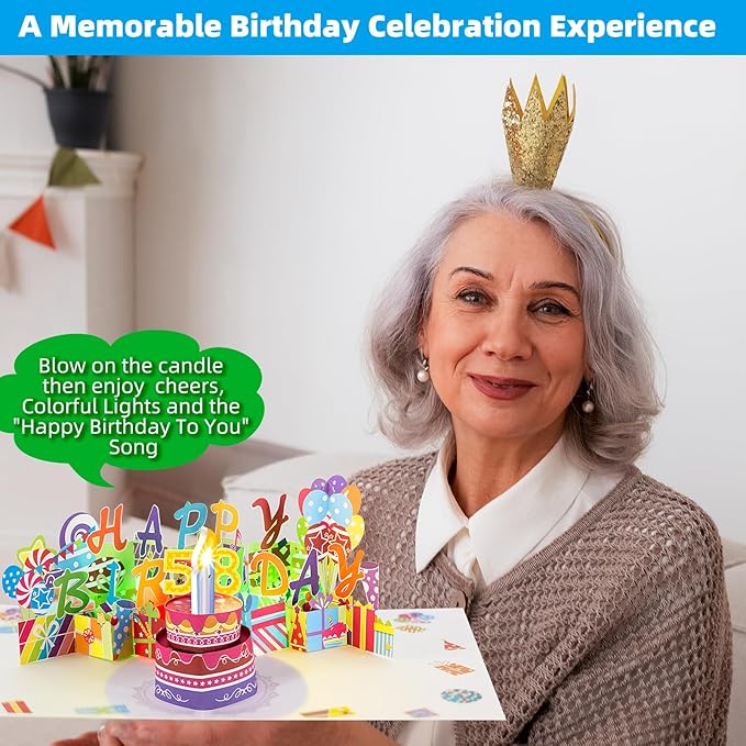 Gumry 58TH Musical Birthday PopUp Card, Blowable Colorful Light Candle 3D Cards with Song, Applause Cheers Sound, Greeting Cards Birthday Gifts Decorations for Women Men Turning 58 Years Old