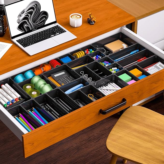 25 pc Plastic Drawer Organizer Set,4 Size Small Storage Containers for Organizing Jewelry,Utensil,Junk,Tea,Makeup,Shallow Drawer Organizers Tray Suitable for Office,Desk,Bathroom,Vanity,Kitchen,Black