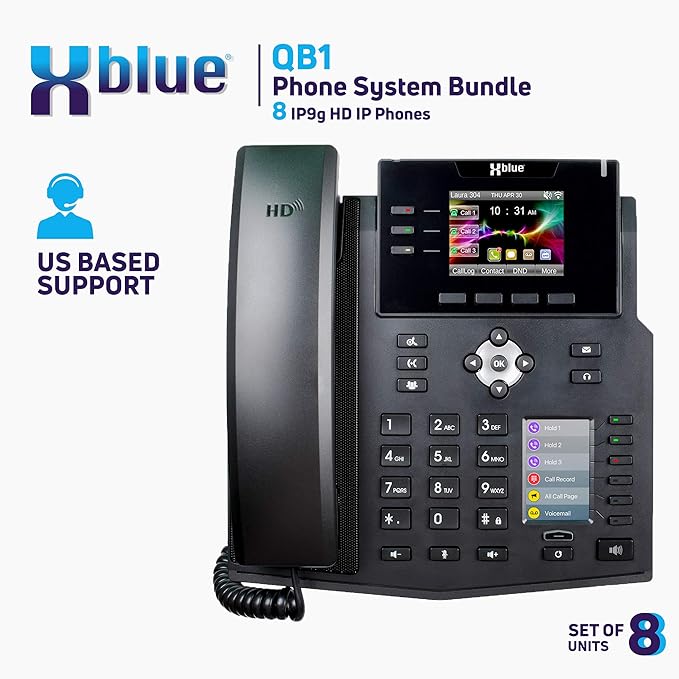 Xblue QB System Bundle with 8 IP9g IP Phones Including Auto Attendant, Voicemail, Cell & Remote Phone Extensions & Call Recording, Black, (QB1008)