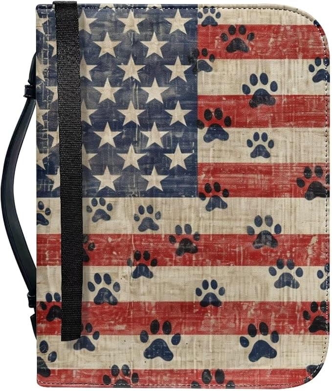 Lotusorchid American Flag Paw Bible Covers for Women Men PU Leather Bible Case Bible Bag Tote Book Carrying Case Christian Bible Accessories