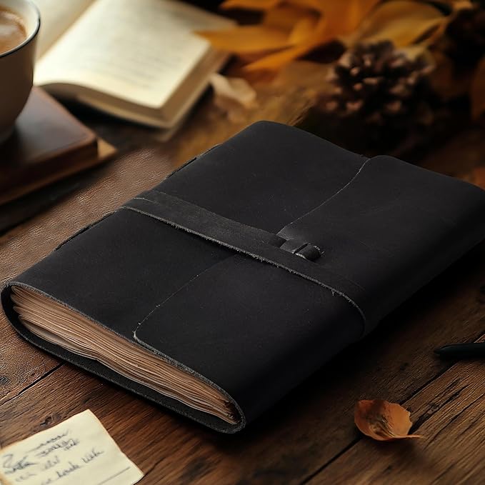 LEATHER VILLAGE Leather Bound Journal - Black, 8"X6", 220 Pages - Vintage Blank Paper Diary for Writing, Drawing, Sketchbook, and Travel Notebook - Ideal for Women and Men