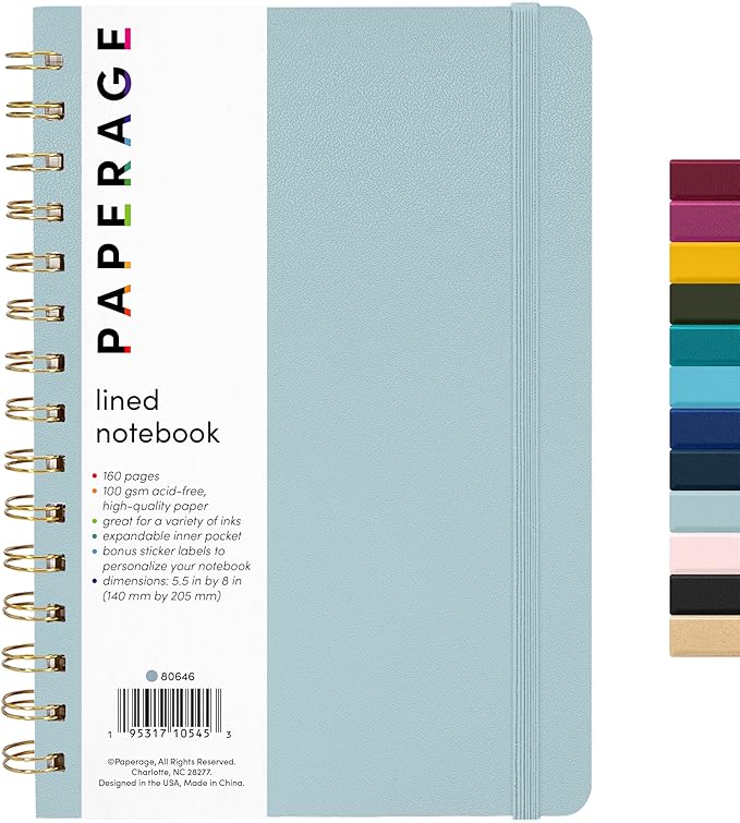PAPERAGE Lined Spiral Journal Notebook, (Slate Blue), 160 Pages, Medium 5.5 inches x 8 inches - 100 GSM Thick Paper, Hardcover, Double-Wire Spiral Journal & Notebook