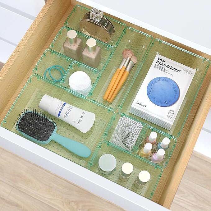 23 PCS Clear Plastic Drawer Organizers Set, 4 Size Desk Drawer Organizer Trays for Makeup, Jewelry, Kitchen Utensils, Gadgets and Office Accessories, Sea Blue