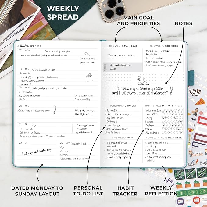 Clever Fox Dated Planner Premium Edition – 2025-2026 Weekly Planner for Planning, Goal Setting & Time Management – Planner Notebook with Habit Tracker & to-do List – A5 Size (Aquamarine)
