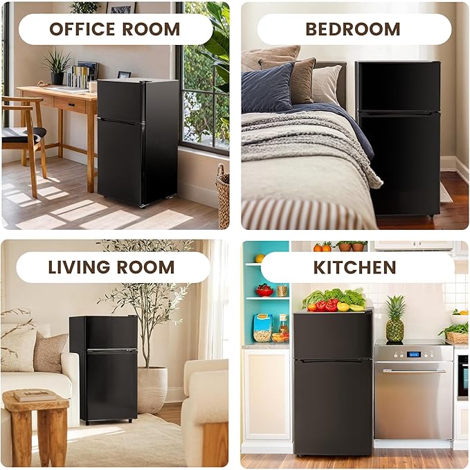 Manastin 3.55 Cu.Ft Mini Fridge with Freezer, Small Refrigerator with 2 Doors for Kitchen, Dorm, Office and Bedroom, Mini Refrigerator with Adjustable Shelves (Black)