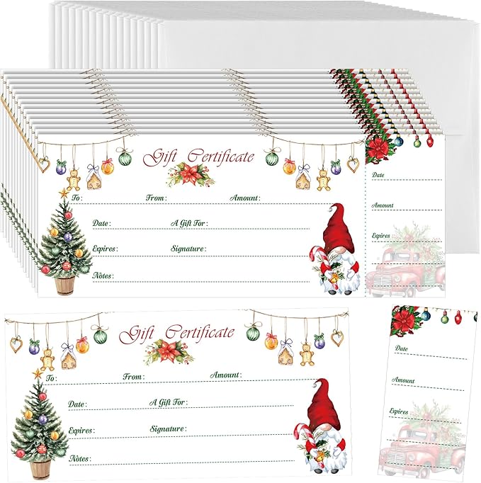 Sinmoe 50 Sets Gift Certificate for Business with 50 Pcs Envelopes Blank Gift Certificate Cards with Name and Address Rustic for Beauty Salon Restaurants Birthday (Xmas Style,4.72 x 2.36 Inch)