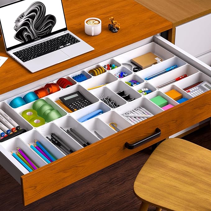 Home Edit 13-Piece Plastic Drawer Organizer Set with Non-Slip Silicone Pads, White - 5-Size Utility Tray and Storage Containers for Bathroom, Desk or Vanity Makeup Drawer