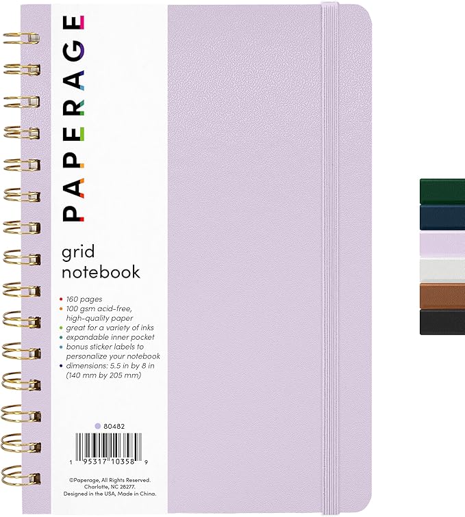 PAPERAGE Graph Paper Spiral Notebook & Journal, (Lavender), 160 Pages, Medium 5.5 inches x 8 inches - 100 GSM Thick Graphing Paper, Hardcover, Double-Wire Grid Spiral Notebook