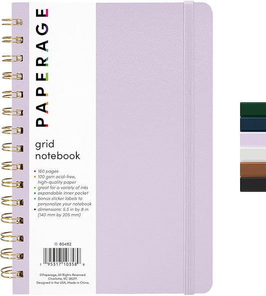 PAPERAGE Graph Paper Spiral Notebook & Journal, (Lavender), 160 Pages, Medium 5.5 inches x 8 inches - 100 GSM Thick Graphing Paper, Hardcover, Double-Wire Grid Spiral Notebook