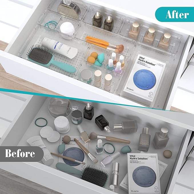 7 PCS Clear Plastic Drawer Organizers Set, 4 Size Desk Drawer Organizer Trays for Makeup, Jewelry, Kitchen Utensils, Gadgets and Office Accessories