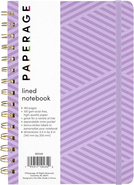 PAPERAGE Lined Spiral Journal Notebook, (Geometric Lavender), 160 Pages, Medium 5.5 inches x 8 inches - 100 GSM Thick Paper, Hardcover, Double-Wire Spiral Journal & Notebook