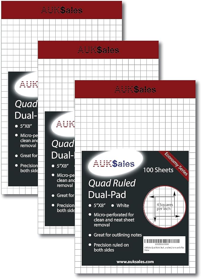 Grid Paper Pad 5x8 Inches – Graph Paper Pad 4x4, Grid Notepad, 3 Pack, 5x8 Graph Paper 1/4 Grid, Graphing Paper, Engineering Pad – 100 Sheets 200 Pages Perforated Pad for School, Home, & Office