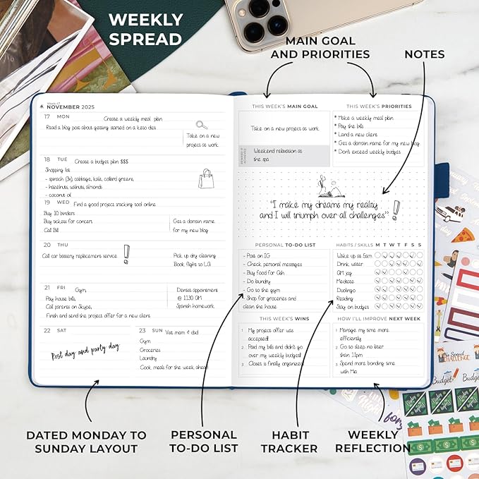 Clever Fox Dated Planner Premium Edition – 2025-2026 Weekly Planner for Planning, Goal Setting & Time Management – Planner Notebook with Habit Tracker & to-do List – A5 Size (Navy Blue)