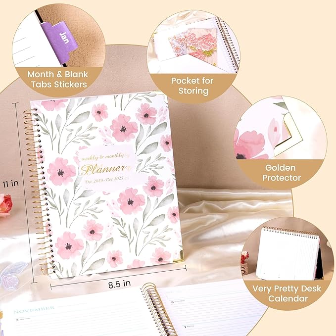 2024-2025 Hardcover Planner Weekly and Monthly 8.5"x11" Large Spiral Bound 2025 Planner for Women Gifts, Dec 2024-Dec 2025 13 Month Calendar Planner with Tabs Pockets Yearly Agenda,Pink