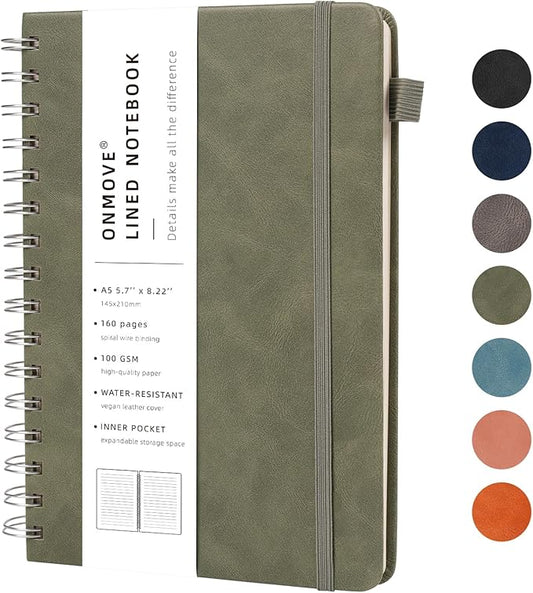 Lined Spiral Notebook Journal for Women Men 160 Pages A5 College Ruled Hardcover Leather with Pen Holder Notebook Journals for Note Taking Work Green