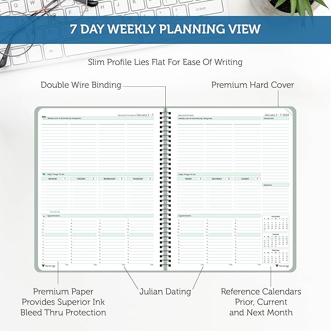 Planner Pad Spiral Bound 3-Tier Funnel Down 12 Month Organizer, Calendar Year (January - December 2024), Greenish Grey Cover/Soft Green Ink, 8 1/2" x 11"