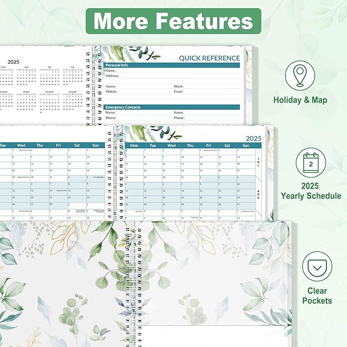 SUNEE 2025 Weekly and Monthly Planner - from January 2025 - December 2025, 6.4" x 8.3" Daily Agenda Planner with Monthly Tab, Flexible Cover, Note Pages, Pockets, Bookmark, Spiral Binding, Eucalyptus
