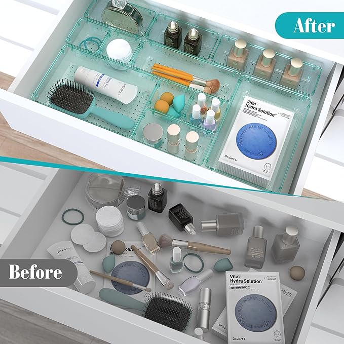 23 PCS Clear Plastic Drawer Organizers Set, 4 Size Desk Drawer Organizer Trays for Makeup, Jewelry, Kitchen Utensils, Gadgets and Office Accessories, Sea Blue