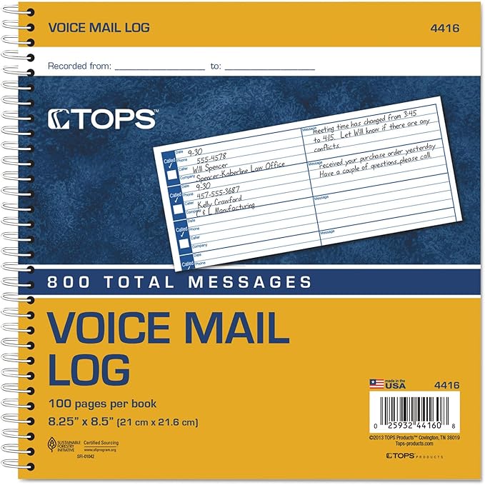 TOPS Spiral Voice Message Log Book, 2-Sided, 1-Part, 8.5 x 8.25 Inches, 8 Messages per Page, 800-Message Book (4416) , Manila