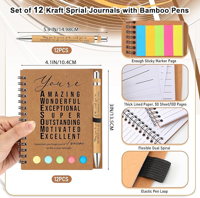 Jetec 12 Sets Bulk Employee Appreciation Gifts Bulk Inspirational Spiral Notebook with Note Ballpoint Pen Thank You Gifts for Volunteer Social Worker Nurse Staff Coworker Students (Amazing)