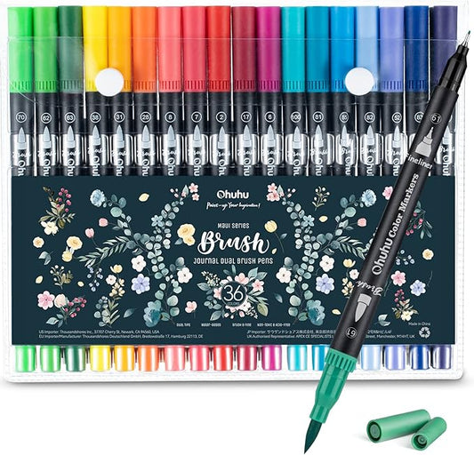 Ohuhu Markers for Adult Coloring Books No bleeding 36 Colors Coloring Markers Water-based Dual Tips Fineliner & Brush Drawing Pens Art Markers for Kids Adults Sketch Journal - Maui - Black