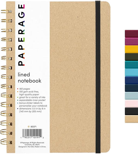 PAPERAGE Lined Spiral Journal Notebook, (Kraft), 160 Pages, Medium 5.5 inches x 8 inches - 100 GSM Thick Paper, Hardcover, Double-Wire Spiral Journal & Notebook
