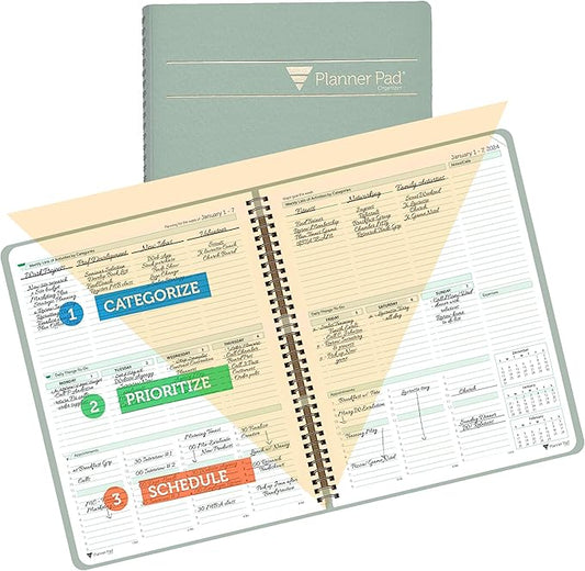 Planner Pad Spiral Bound 3-Tier Funnel Down 12 Month Organizer, Calendar Year (January - December 2024), Greenish Grey Cover/Soft Green Ink, 8 1/2" x 11"