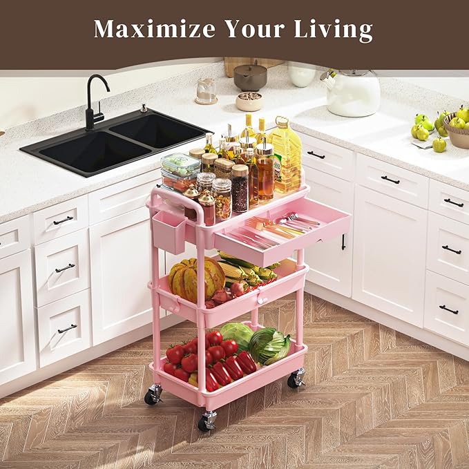 3 Tier Rolling Utility Cart with Drawer, Utility Storage Organizer with Plastic Shelf & Lockable Wheels Multifunctional Storage Cart for Kitchen, Bathroom, Office, Living Room, Pink