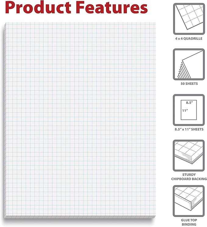 Better Office Products Graph Paper Pad, 8.5" x 11", 50 Sheets, Double Sided, White, 4x4 Blue Quad Rule, Easy Tear, Grid Paper, Graph Paper